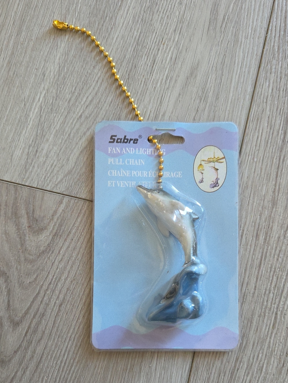 NWT Sabre Ceiling Fan Light Pull Chain Dolphin Sea Life Decor Gold Tone Chain